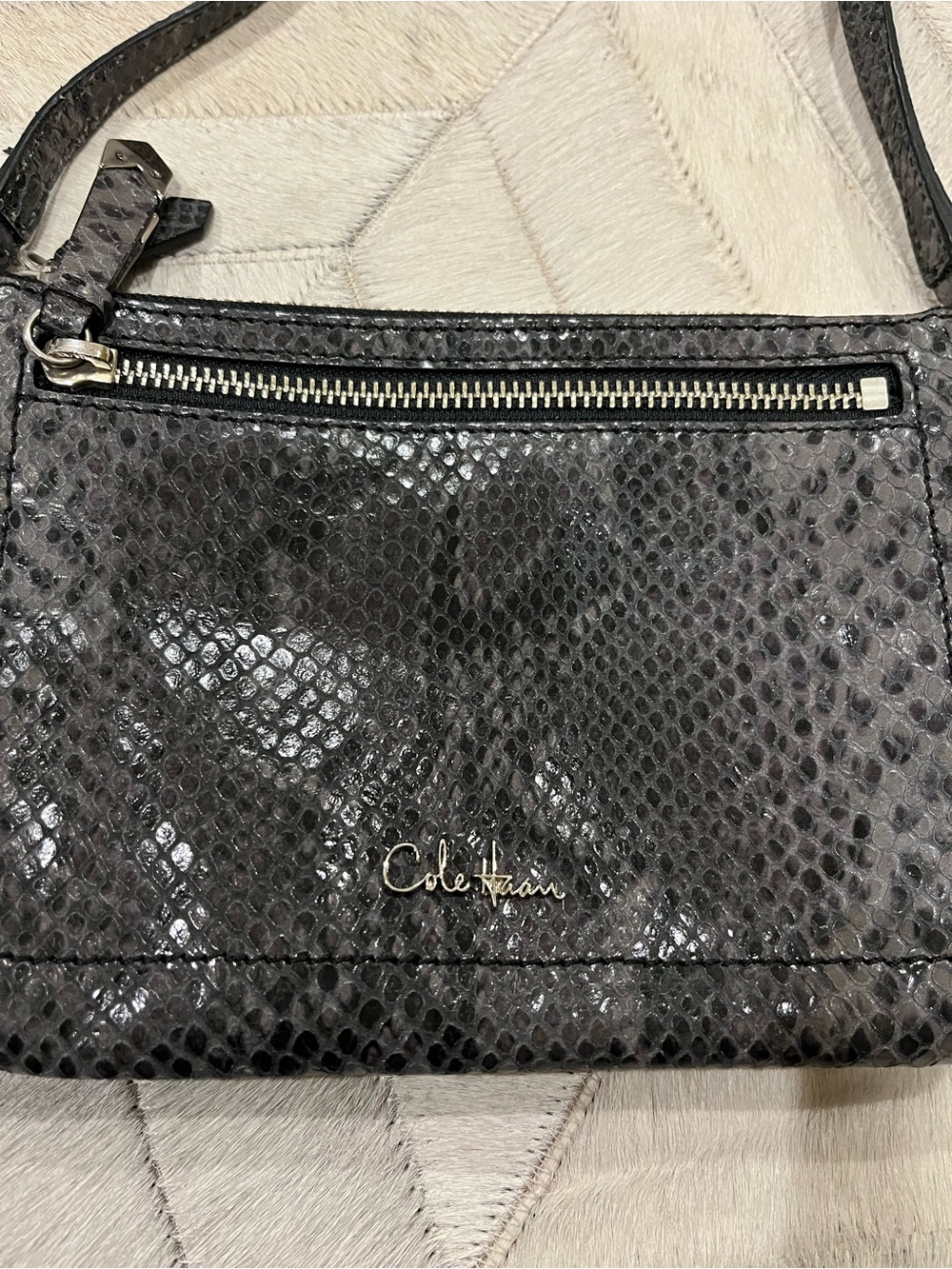 Cole Haan Gray Snake-Embossed Crossbody Bag with Front Zip